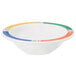 A white bowl with multicolored striped rim.