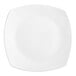 An Acopa bright white square porcelain coupe plate with a square shape and rounded edges.