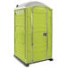 A lime green PolyJohn portable toilet with a door.