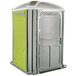 A PolyJohn lime green wheelchair accessible portable restroom with a green door.