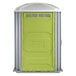 A PolyJohn wheelchair accessible portable restroom with a lime green door and grey exterior.