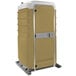 A tan PolyJohn portable restroom with white lid.