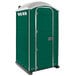 A green PolyJohn portable toilet with a silver door.