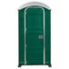 A green and white PolyJohn portable toilet with a translucent top.