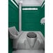 A PolyJohn portable restroom with a translucent top in a green and white room.
