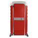 A red and white PolyJohn portable toilet.