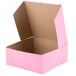 An open pink 12" x 12" x 5" cake box with a lid.
