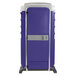 A PolyJohn portable restroom with a purple and white cover.