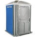 A blue and grey PolyJohn wheelchair accessible portable toilet with a door.