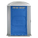 A blue and silver PolyJohn wheelchair accessible portable restroom.