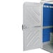 The blue door of a PolyJohn Comfort XL wheelchair accessible portable restroom.