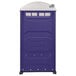 A PolyJohn portable toilet with a purple lid.