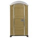 A tan and silver PolyJohn portable restroom with a translucent top and door open.