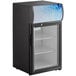 An Avantco black countertop display refrigerator with a glass door with blue and white design.