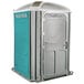A grey and blue PolyJohn wheelchair accessible portable toilet with a blue door.