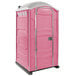 A pink PolyJohn portable toilet with a translucent white roof.