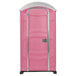 A pink PolyJohn portable toilet with a door.