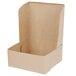 A brown cardboard box with a lid open.