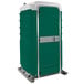 A green and white PolyJohn portable toilet.