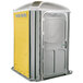 A PolyJohn wheelchair accessible portable toilet with a yellow door.