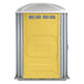A yellow and grey PolyJohn wheelchair accessible portable toilet.
