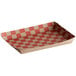 A red and white checkered paper tray on a counter.