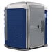 A dark blue and white PolyJohn wheelchair accessible portable toilet with a door.
