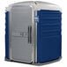 A dark blue and white PolyJohn wheelchair accessible portable restroom.