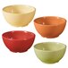 A close-up of four different colored Diamond Harvest bowls on a white background.