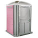 A grey and pink PolyJohn portable toilet with a door.
