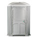 A PolyJohn pink wheelchair accessible portable restroom with a grey door.