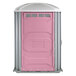 A PolyJohn wheelchair accessible portable toilet with a pink door and grey accents.