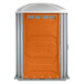 A PolyJohn wheelchair accessible portable toilet with an orange door and white walls.