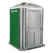 A PolyJohn wheelchair accessible portable toilet with a green and grey door.