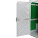A white and green PolyJohn wheelchair accessible portable toilet with a door.