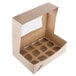 A Baker's Mark kraft cardboard cupcake box with a window and a reversible insert with 12 slots for cupcakes.
