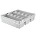 A silver metal Chicago Metallic bread loaf pan with three straps.