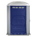 A PolyJohn wheelchair accessible portable toilet with a dark blue lid and silver accents.