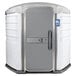 A white and gray PolyJohn wheelchair accessible portable toilet with the door open.