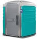 A PolyJohn wheelchair accessible portable toilet with a blue and green lid.