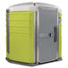 A PolyJohn wheelchair accessible portable restroom with a green and white door.