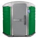 A PolyJohn wheelchair accessible portable toilet with a green and white door.