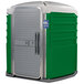 A green and white PolyJohn wheelchair accessible portable toilet.