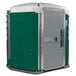 A green and silver PolyJohn wheelchair accessible portable toilet with a door.