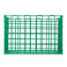 A green metal wire rack with a grid design.