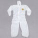 A white protective suit with a yellow logo on it.