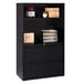 A black Hirsh Industries lateral file cabinet with drawers and a shelf.