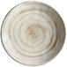 An Elite Global Solutions taupe melamine plate with a circular spiral pattern.