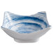 A blue and white curved square melamine bowl.