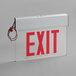 A white rectangular Lavex exit sign with red text and a red light.